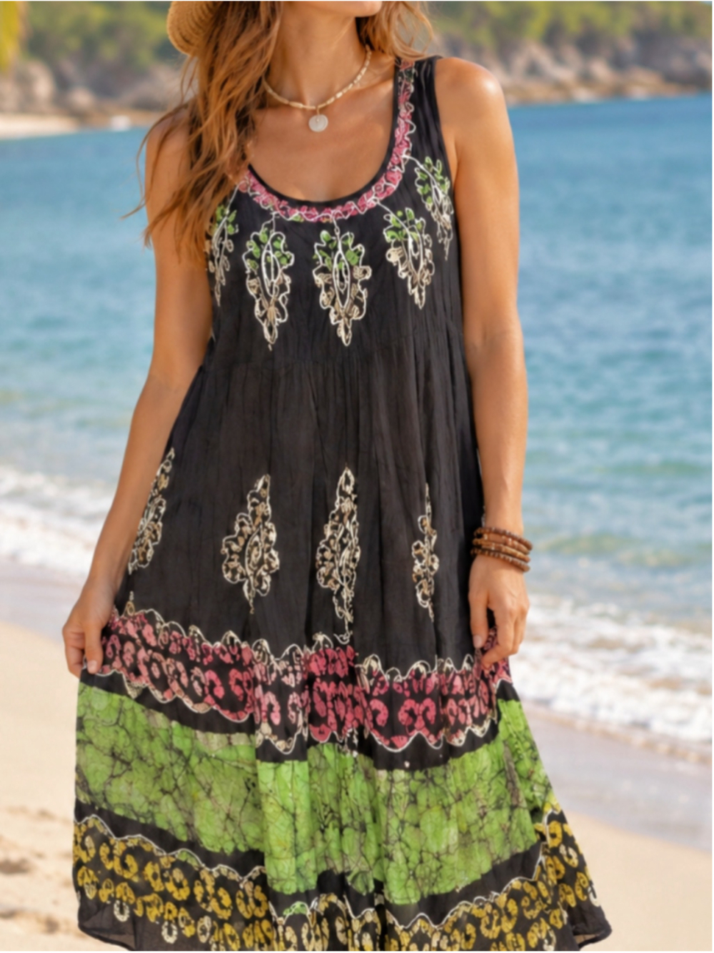 Island Expressions Batik Boho Midi Swing Dress Free Size Black Green Embroidered